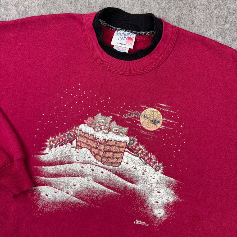 Morning Sun Sweatshirt Womens 2X Red Black Christmas Cats Chimney VTG Holiday